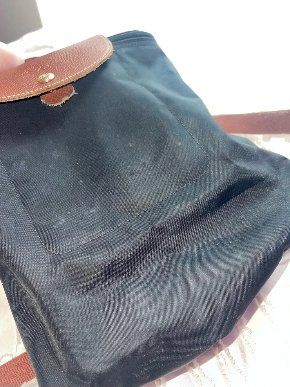 Longchamp Black Nylon Mini Backpack with Brown Leather Trim